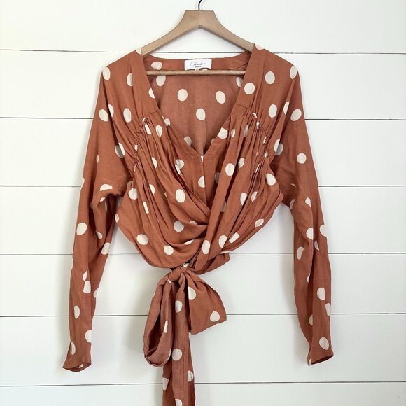 L' Academie The Lydie top in a rust/brown with large white polka dots sz med - Picture 1 of 6